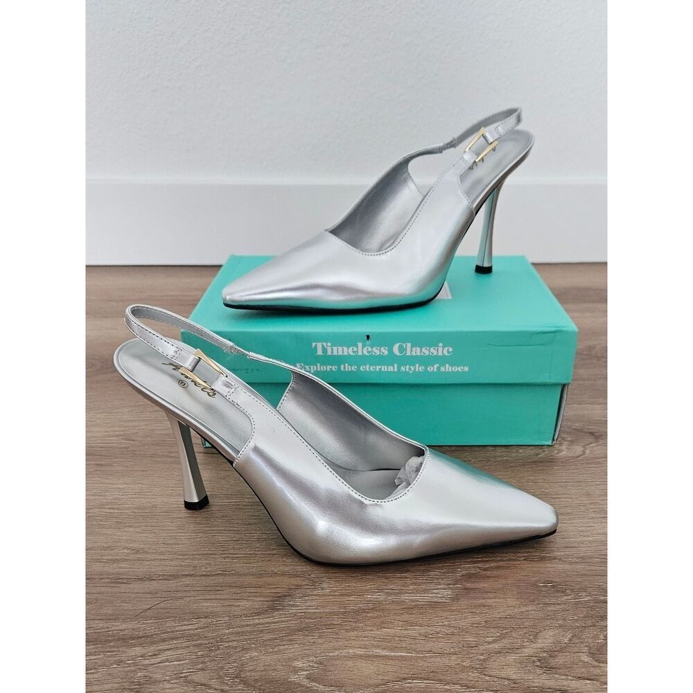 Ankis Silver Slingback Stiletto Pumps Size 11